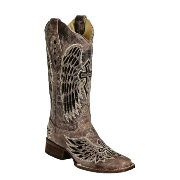 CORRAL WOMEN'S SEQUIN WING & CROSS INLAY WESTERN BOOTS - SQUARE TOE SZ 7.5M - Picture 1 of 15